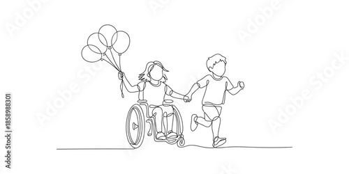 Continuous one line drawing of Happy disabled girl with balloons and healthy boy run outdoor, isolated on transparent background.