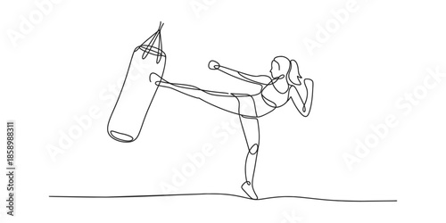 Continuous one line drawing of woman kicking a punching bag, Minimalist vector art of female boxer or kickboxer training, ideal for sports, fitness, vector illustration.