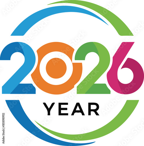 Colorful 2026 New Year logo design featuring bold, multi-colored typography in blue, orange, green, and purple enclosed by dynamic circular swooshes. 