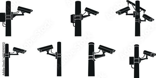 Surveillance camera silhouettes, security pole setup, CCTV vector, urban monitoring, safety system, black icon, technical illustration, privacy control, infrastructure, alert design
