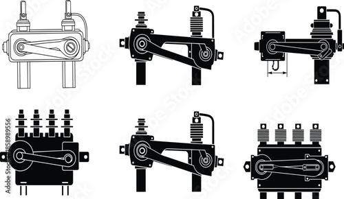 Mechanical linkage vector, engineering diagram, robotic arm illustration, gear system design, black silhouette art, minimal concept, industrial machine component