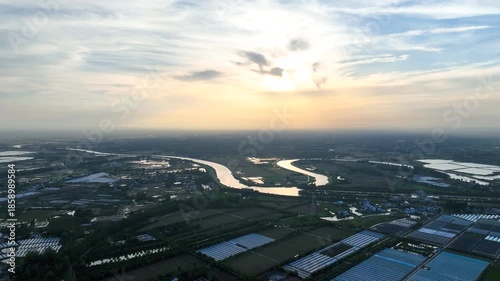 Rural Irrigation River Winding Through Countryside Fields And Villages 4K Aerial