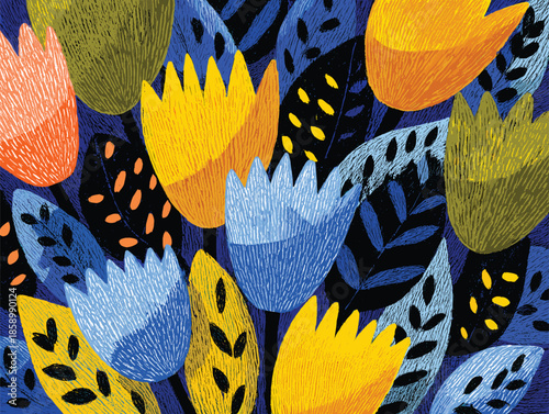 Vibrant floral illustration with bold colors and textured patterns celebrates artistic nature and decorative charm