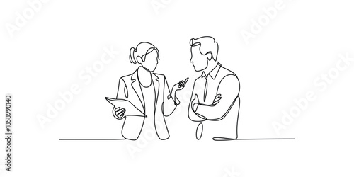 Continuous one line drawing of Business colleagues discussing a project with document, Single line draw design vector graphic illustration.