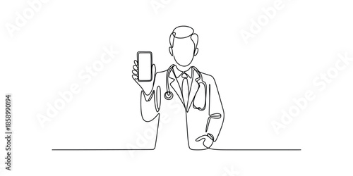 Continuous one line drawing of a Doctor Holding a Smartphone  Minimalist Vector Illustration of a Physician Showing a Blank Screen for Tele medicine or Medical App Concept.
