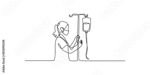 Continuous one line  drawing of a nurse tending to a patient in a hospital bed with an iv drip attached to them.