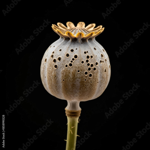 Dried poppy seed head with holes and stem on black background.