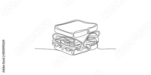 Continuous one line drawing of Sandwich, Deli Meat, Cheese, Lettuce, Tomato