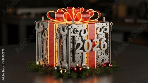 A mechanical gift box with a red ribbon and tools inside, representing the concept of a new year's gift.