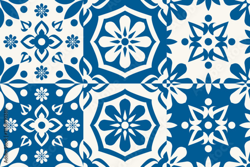 Set of azulejos floor pattern. Blue Portuguese tiles pattern Azulejos vector, fashion interior design tiles. Blue Tiles Bundle.