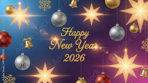 A festive, colorful Christmas card with stars, ornaments, and a message of 'Happy New Year 2026'