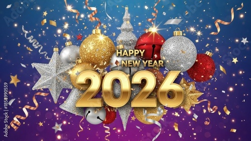 A festive, colorful New Year's Eve celebration with baubles, stars, and confetti on a blue and purple background.