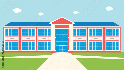 Flat vector illustration of a modern academic building featuring red walls, large blue glass windows, and a white entrance. Ideal for school, university, and education themed designs