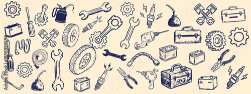 Hand drawn line art seamless pattern of vintage workshop tools and toolboxes in navy blue on beige landscape background banner