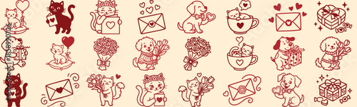 Hand drawn line art valentines day icon strip with cats and dogs holding roses envelopes gifts cups on beige background