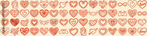 Hand drawn line art of varied sketched red and orange hearts in repeating seamless pattern for valentines day romantic illustration