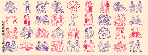 Line art valentines day icon sheet showing pink and purple couple vignettes performing activities on cream background, landscape vector set