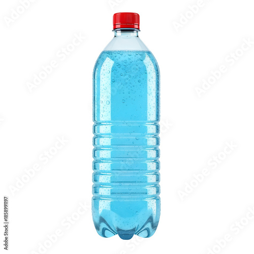 Hyper-photorealistic PET bottle with ribbed design and red cap, filled with cold light blue effervescent sports drink, ideal for beverage advertising isolated on white or transparent background.