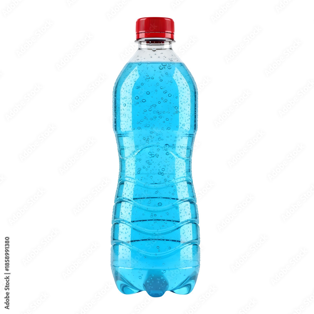 Naklejka premium Hyper-photorealistic PET bottle with ribbed design and red cap, filled with cold light blue effervescent sports drink, ideal for beverage advertising isolated on white or transparent background.