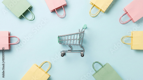 Mini Shopping Cart with Colorful Paper Bags on Pastel Blue Background