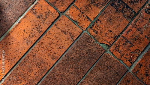 Diagonal Pattern of Weathered Red Brick Pavement Texture