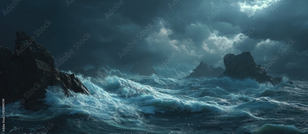 Fototapeta premium Dramatic ocean waves crashing against rocky coastline under stormy dark clouds