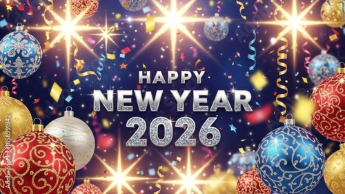 A festive New Year's Eve celebration with colorful baubles, glittering lights, and confetti.