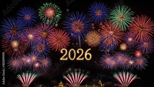 A vibrant display of fireworks against a dark sky, with the year 2026 prominently displayed in the center.