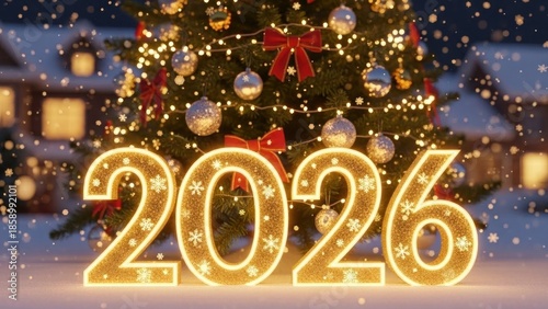 Christmas tree with ornaments and lights in front of a house with snow on the ground.