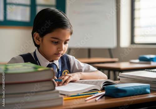 Focused Indian Schoolboy Studying at Classroom Desk. Education, learning, concentration, childhood development.
