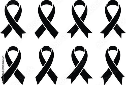 Eight black awareness ribbons arranged in two rows on white background