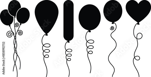 Black balloon silhouettes with curly strings, heart and oval shapes, minimalist party decoration elements isolated on white background vector design