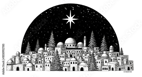 Christmas Nativity Scene with Star Over Bethlehem Cityscape for Holiday Greetings and Religious Storytelling