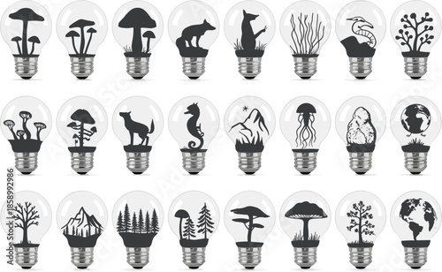 Set of Eco light bulbs with growing plants sustainable
