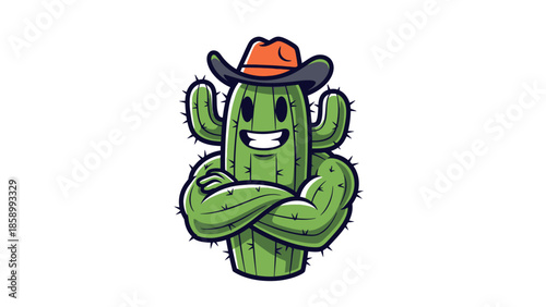 Cartoon cowboy cactus character with muscular arms.