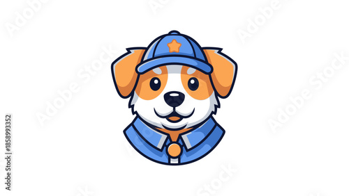Cute cartoon dog wearing a blue uniform and cap.