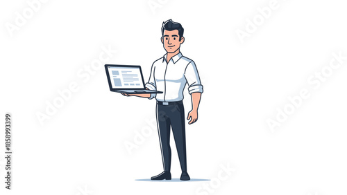 Man in Business Attire Holding a Laptop and Presenting Information.