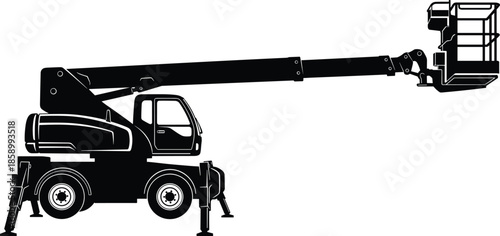 Mobile telescopic boom lift silhouette isolated on white background aerial work platform construction access equipment vector illustration for industrial maintenance projects