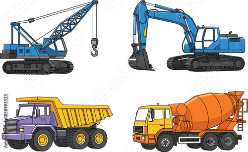 Colorful construction machinery set with crane excavator dump truck concrete mixer isolated on white background industrial equipment vector illustration
