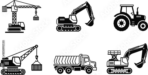 Construction machinery icons set including crane excavator tractor dump truck isolated on white background heavy equipment vector illustration