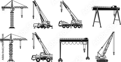 Construction crane types illustration set including tower mobile crawler gantry cranes isolated on white background industrial lifting machinery vector