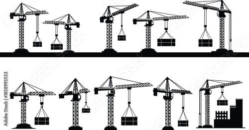 Tower crane silhouettes collection lifting construction materials isolated on white background heavy building machinery vector illustration for urban engineering projects