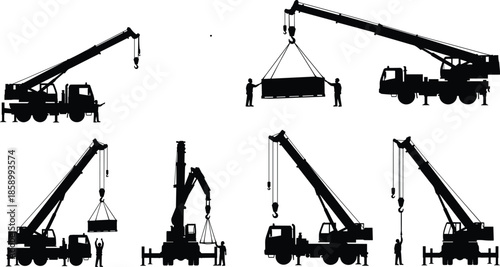 Mobile truck crane silhouettes lifting cargo with workers isolated on white background heavy construction machinery vector illustration for industry projects
