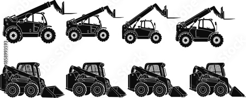 Construction loader and telehandler silhouettes set isolated on white background heavy equipment vector illustration for industrial engineering projects and machinery