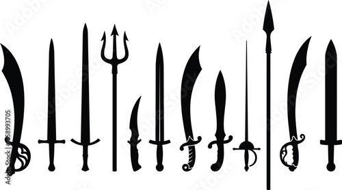 Black silhouette medieval swords daggers spears and blades collection isolated on white background vector illustration for fantasy warfare design icons