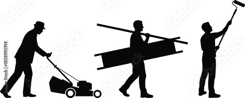 Black silhouette workers construction activities, lawn mowing carrying materials painting walls, labor occupation figures isolated on white background vector illustration