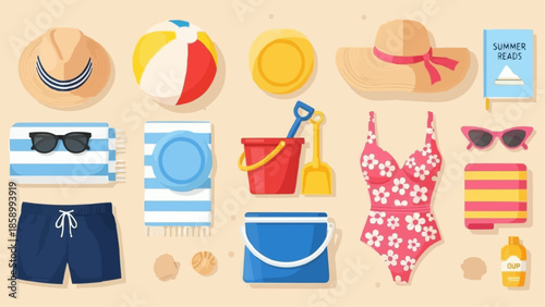 Collection of summer beach vacation items arranged on a sandy background.