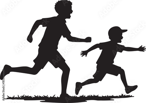 Black silhouette of two happy boys running and playing on grass.