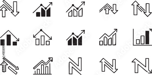 Set of arrows and business graph icon set featuring real estate building symbols and home property illustration icons for residential construction design