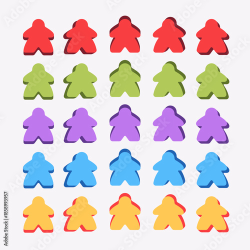 Vector illustration of colorful wooden game figures isolated on white background. Classic board game pawns in vibrant colors for tabletop, gaming, and entertainment design projects.